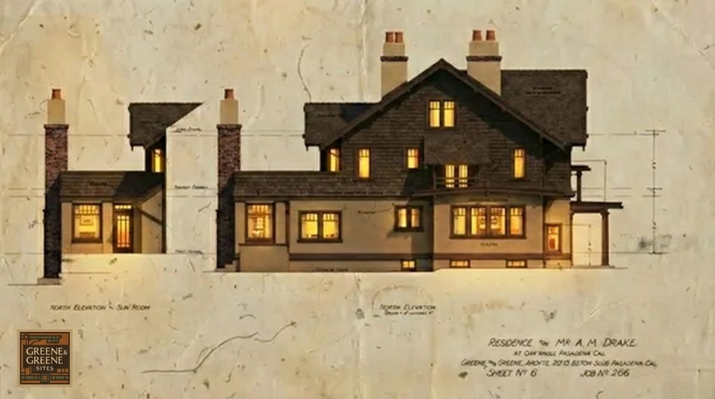 Illuminated north elevation rendering of The Mr. A. M. Drake House showing sunroom and main gabled facade