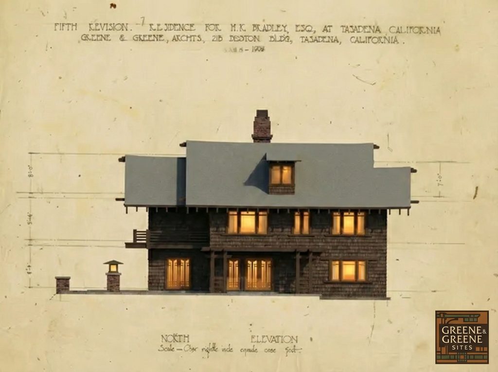 The Henry K. Bradley House north elevation rendering with illuminated windows highlighting shingle and timber detail