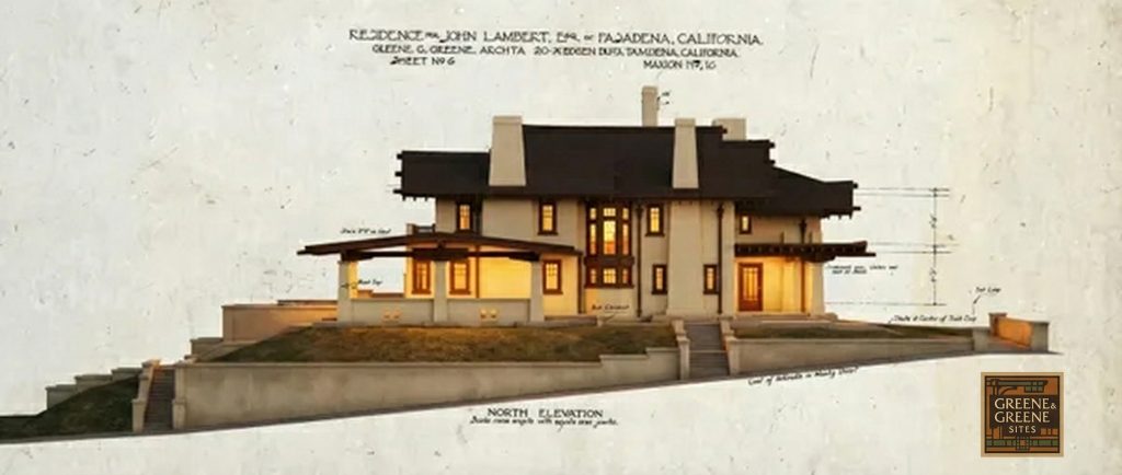 The John Lambert House north elevation color rendering by Greene & Greene showing porte-cochere, 1910