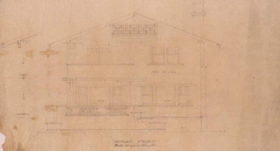 The Col. John G. Neumeister Bungalow revised ocean front elevation sketch by Greene & Greene, circa 1910