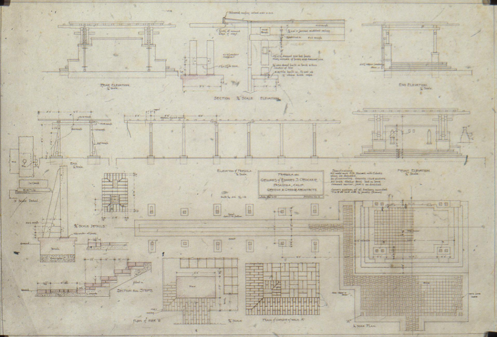 Greene & Greene's 1912 architectural drawing for the garden pergola at The Dr. S. S. Crow House, detailing its construction and placement.