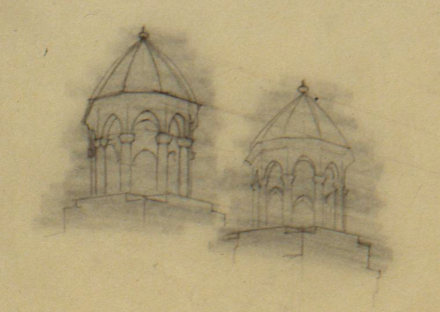 Greene & Greene pencil sketch of twin conical dome towers designed for The Armenian Pilgrims Church, ca. 1908