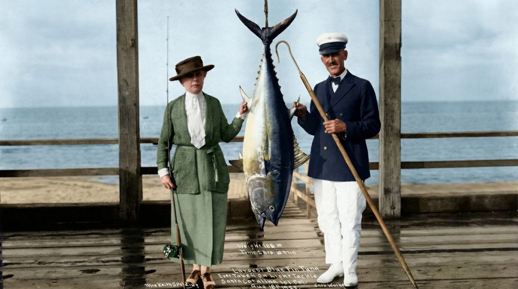 1922 photograph of Eudora Hull Gaylord Spalding with her record tuna catch, wife of Keith Spalding who commissioned The Sespe Ranch Bunkhouse