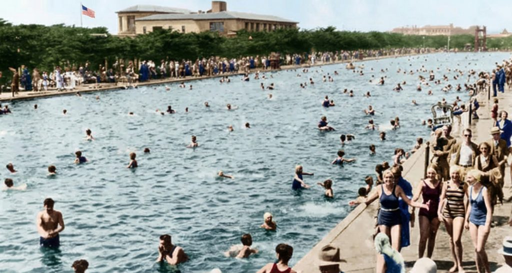 The massive, once world-famous Fleishhacker Pool in San Francisco, a public gift from the owner of the estate.