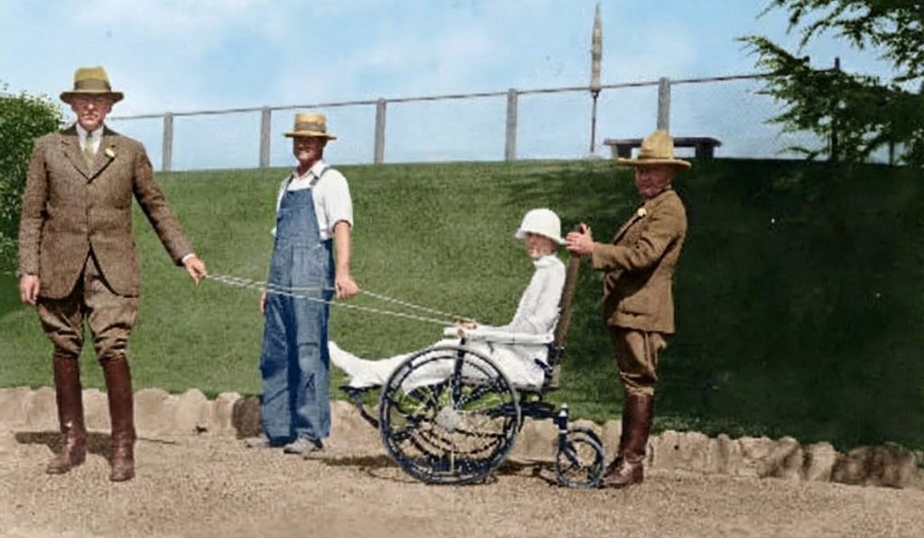 Later photograph of Keith Spalding with wife Eudora Hull Gaylord Spalding in a wheelchair, owners of The Sespe Ranch Bunkhouse