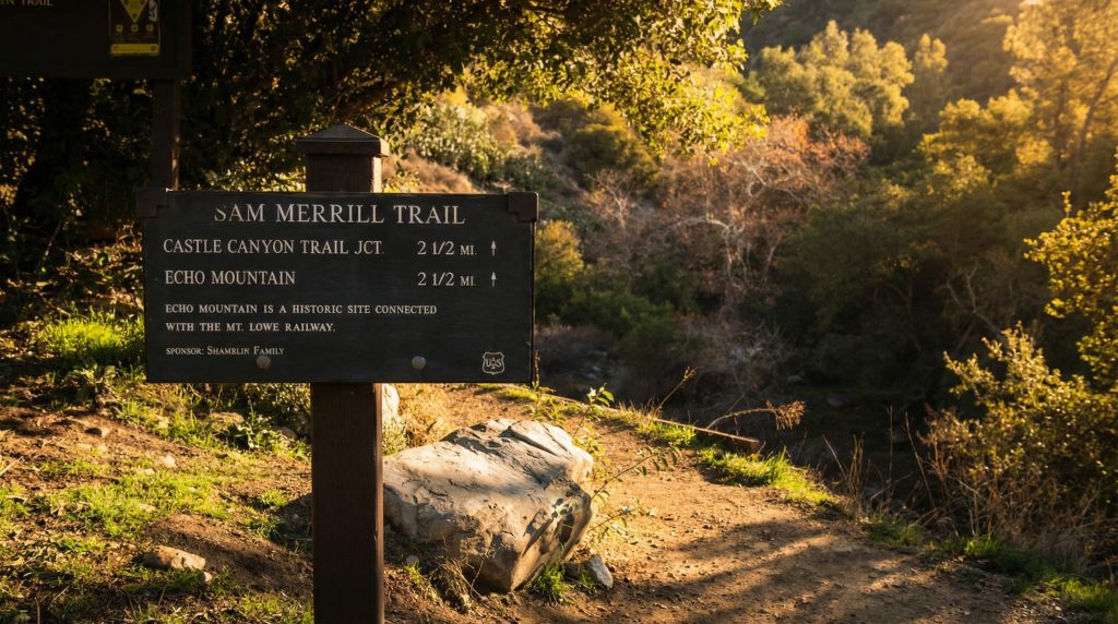 Sam Merrill Trail sign at Echo Mountain trailhead, the trail named in honor of The Samuel Merrill House owner