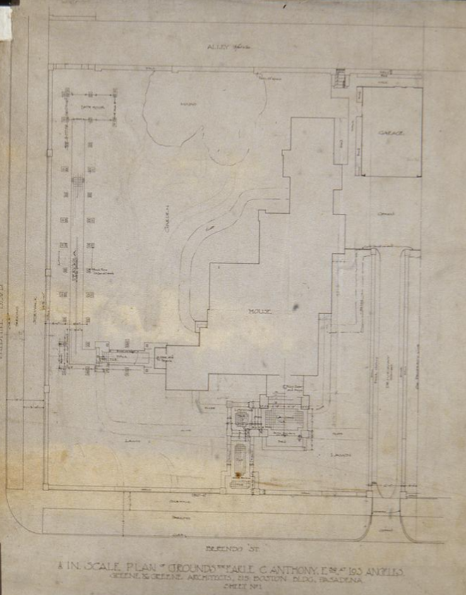 Original Greene and Greene site plan drawing showing the grounds, house footprint, and garage of The Earle C. Anthony house