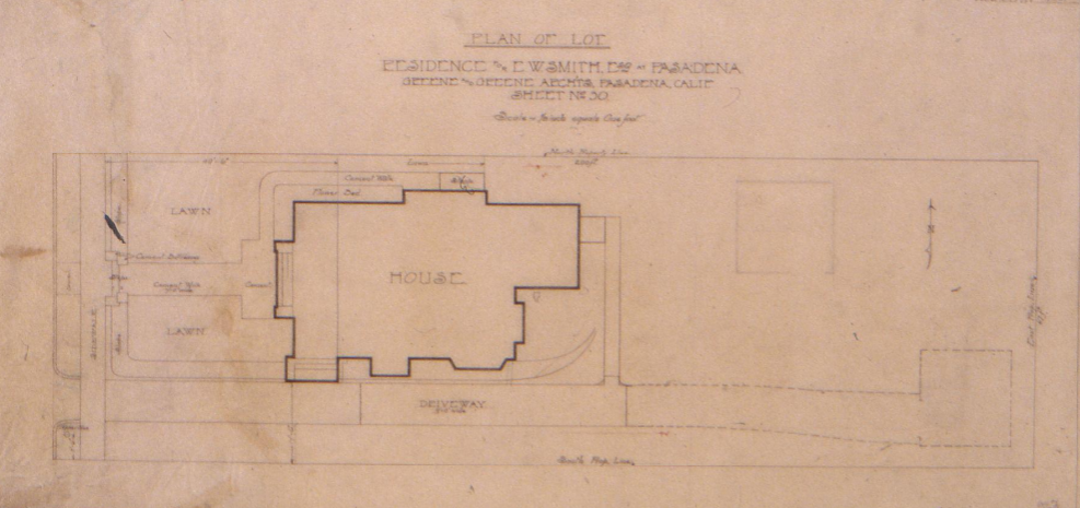 Original 1910 Greene & Greene site plan drawing for The Ernest W. Smith House showing lot layout and driveway