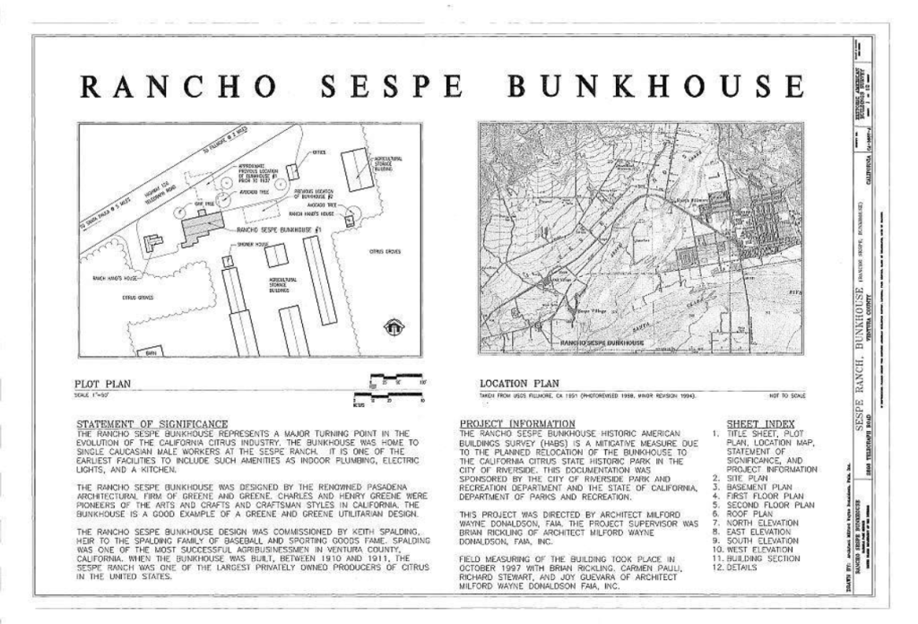 HABS title sheet with plot plan and location map of The Sespe Ranch Bunkhouse including the statement of significance and sheet index