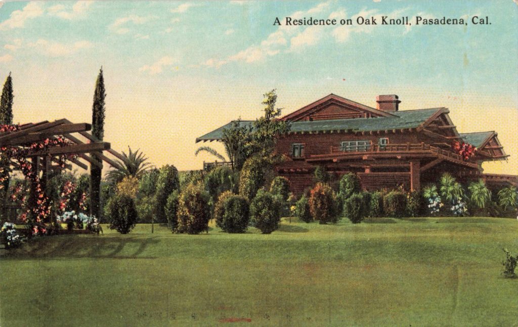 A vintage postcard of the Robert R. Blacker House, a Greene & Greene masterpiece in the Oak Knoll neighborhood near The Dr. S. S. Crow House.