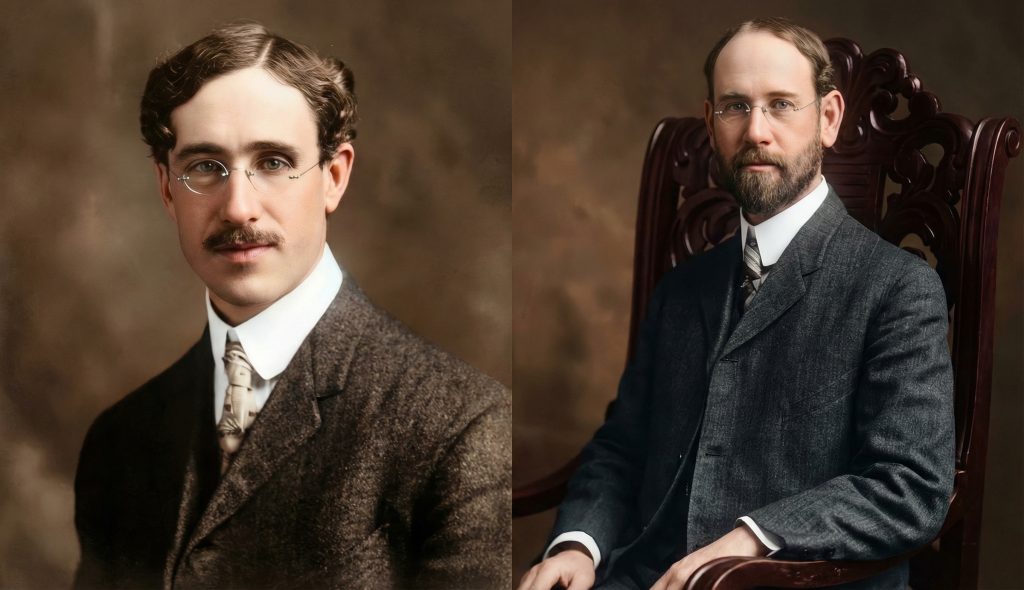 Colorized portraits of architects Charles Sumner Greene and Henry Mather Greene, designers of The Mr. A. M. Drake House