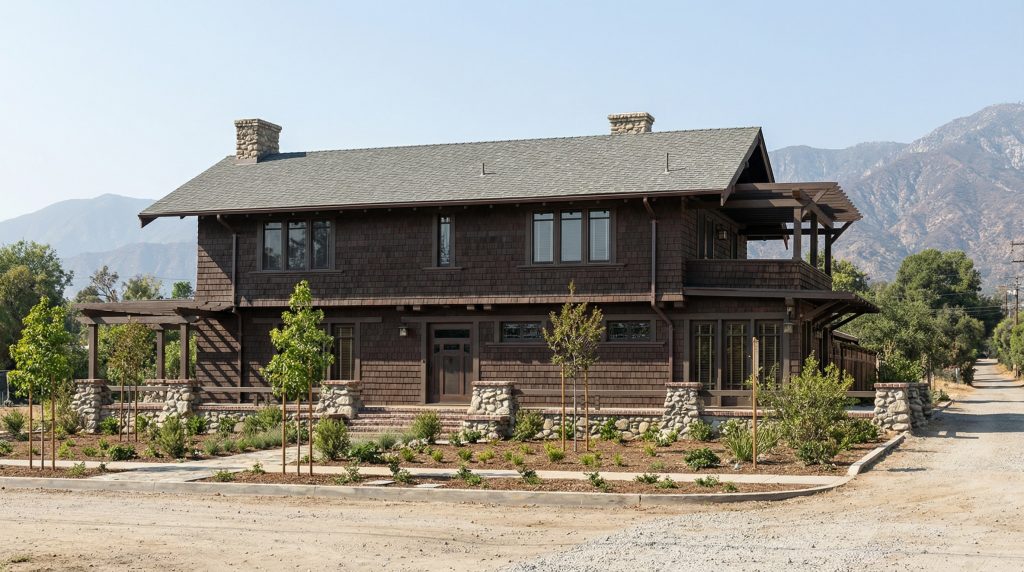 Artistic rendering of The William J. Lawless House highlighting its characteristic Greene and Greene style