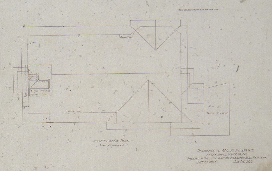 Roof and attic plan drawing of The Mr. A. M. Drake House showing porte cochère roof outline, Sheet No. 4