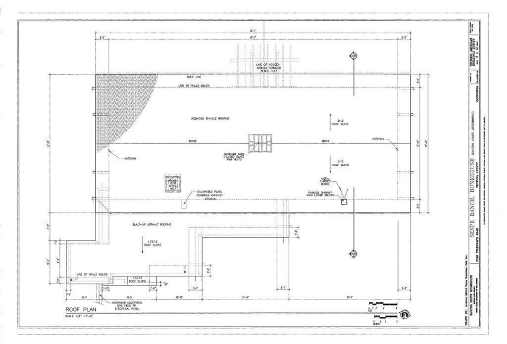 HABS measured roof plan drawing of The Sespe Ranch Bunkhouse detailing the redwood shingle and built-up asphalt roofing structure
