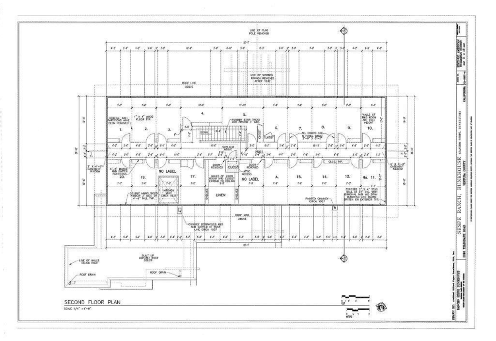 HABS 1997 measured second floor plan drawing of The Sespe Ranch Bunkhouse documenting the existing room configuration and partitions