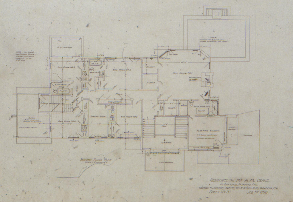 Second floor plan drawing of The Mr. A. M. Drake House showing bedrooms and sleeping balcony, Sheet No. 3