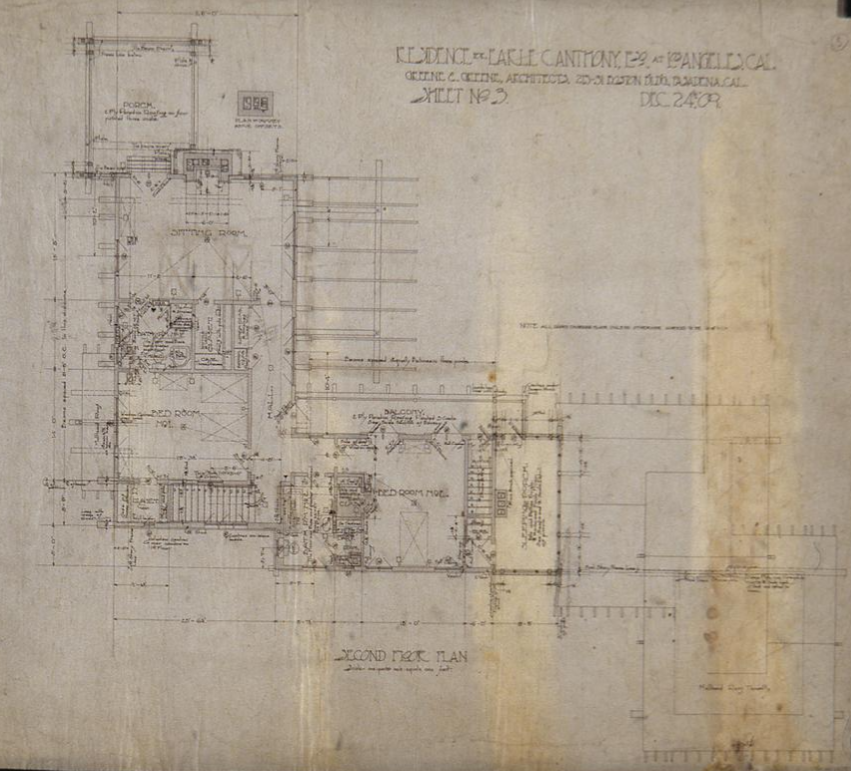 Original 1909 Greene and Greene second floor plan drawing of The Earle C. Anthony house, Sheet No. 3, detailing bedrooms
