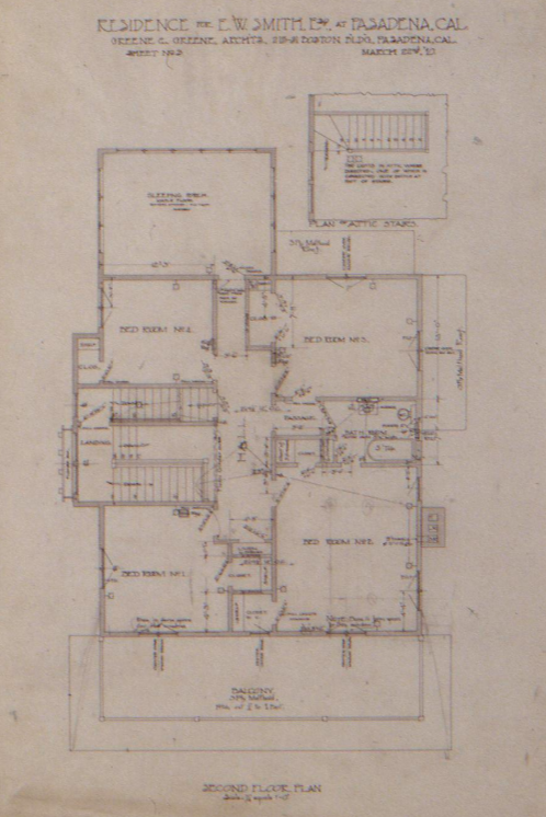 Greene & Greene second floor plan for The Ernest W. Smith House detailing bedrooms, sleeping porch, and attic stairs