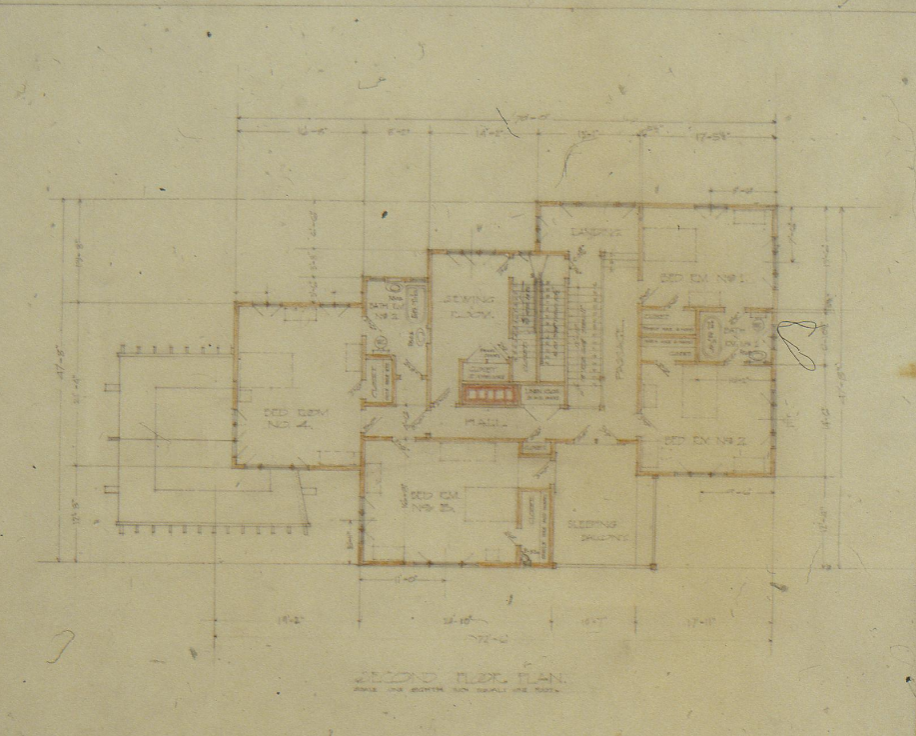 The Henry K. Bradley House second floor plan drawing by Greene & Greene showing bedrooms, hall, and sleeping porches