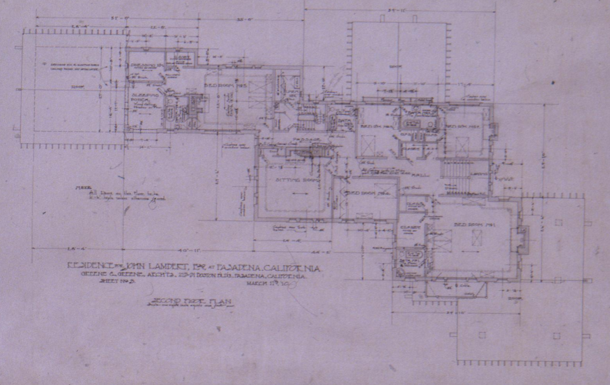 The John Lambert House second floor plan by Greene & Greene showing bedrooms and sleeping porch, 1910