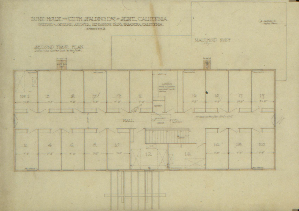 Greene & Greene original second floor plan drawing of The Sespe Ranch Bunkhouse showing the layout of twenty individual sleeping rooms