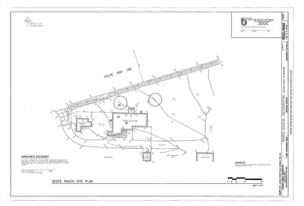 HABS measured site plan drawing of The Sespe Ranch Bunkhouse showing the building footprint along State Highway 126 and Telegraph Road