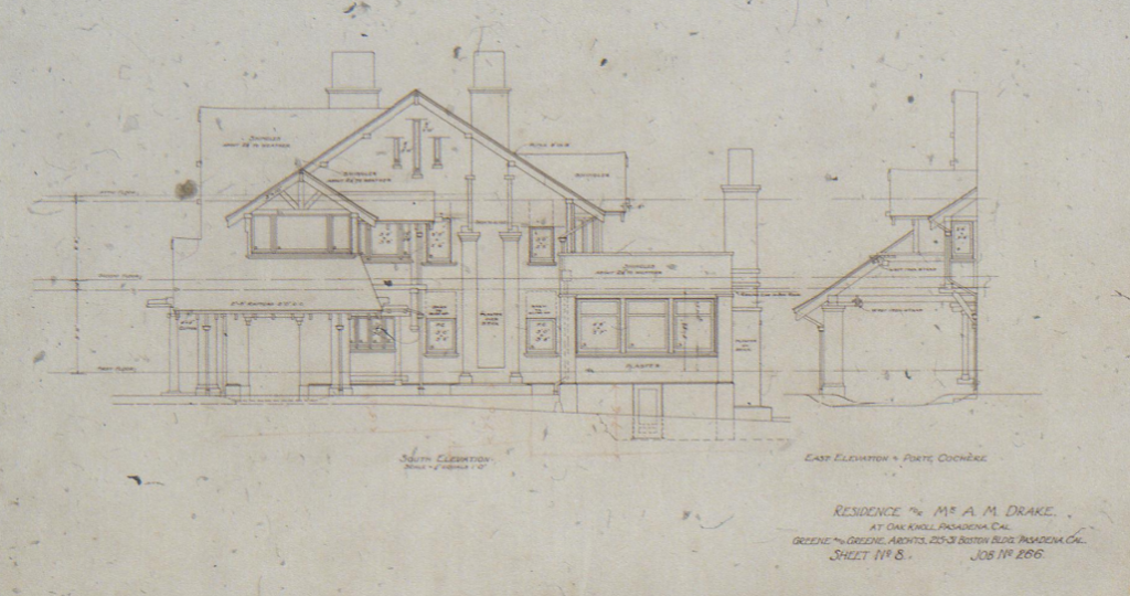South elevation and porte cochère drawing of The Mr. A. M. Drake House by Greene & Greene, Sheet No. 8, Job No. 266