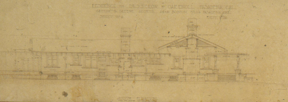The 1909 south elevation architectural drawing for The Dr. S. S. Crow House, detailing the facade that opens onto the private central courtyard.
