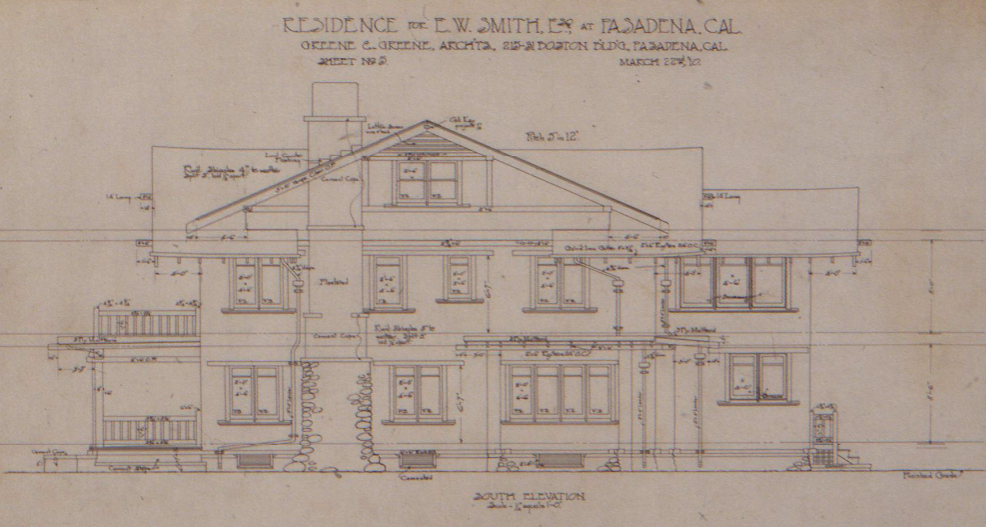 Architectural south elevation drawing of The Ernest W. Smith House by Greene & Greene, dated March 1910