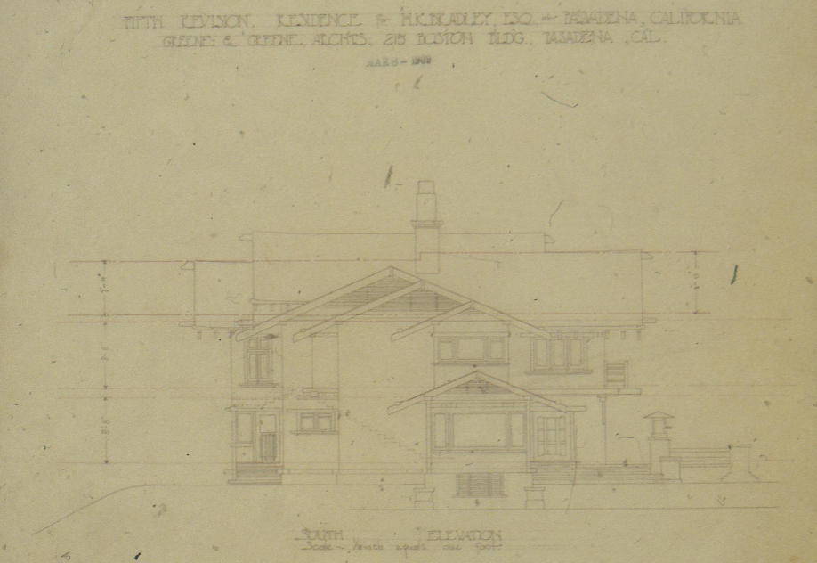 The Henry K. Bradley House south elevation drawing, fifth revision by Greene & Greene, dated March 1909