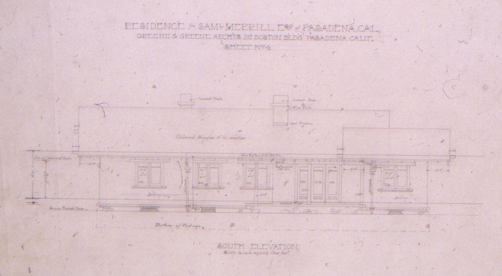 Original south elevation blueprint of The Samuel Merrill House by Greene & Greene architects, Sheet No. 4