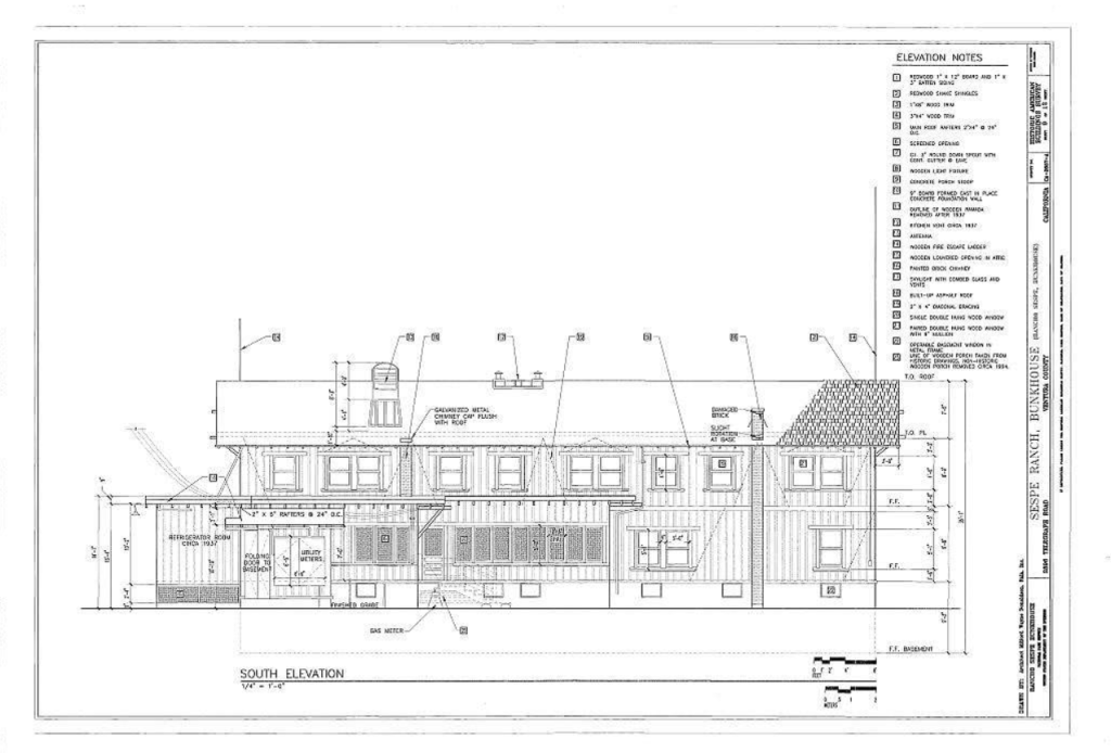 HABS measured south elevation drawing of The Sespe Ranch Bunkhouse with annotated notes documenting the rear facade and refrigerator room