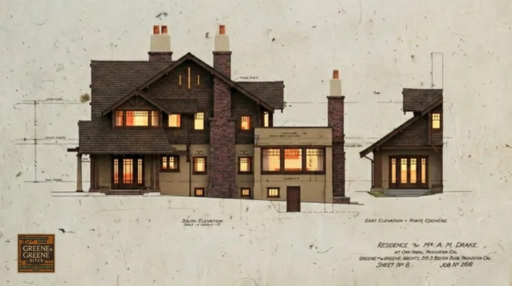 Illuminated south elevation and porte cochère rendering of The Mr. A. M. Drake House with clinker brick detail
