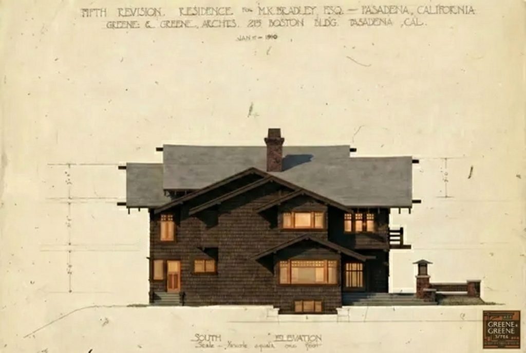 The Henry K. Bradley House south elevation rendering showing layered rooflines, exposed beams, and lit windows