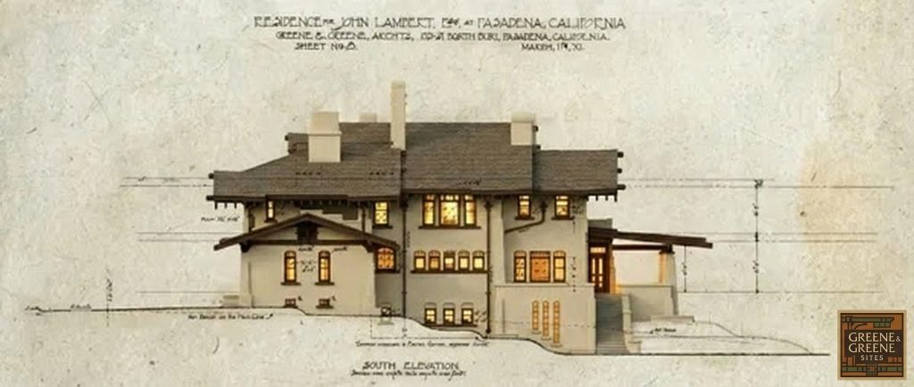 The John Lambert House south elevation color rendering by Greene & Greene with stucco and timber, 1910