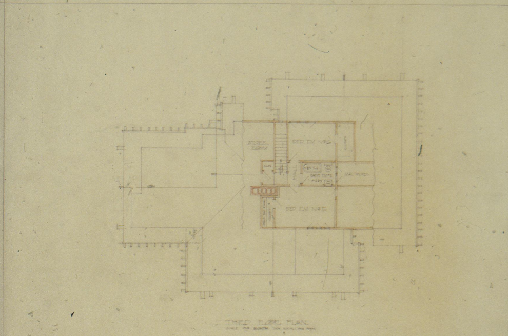 The Henry K. Bradley House third floor plan drawing by Greene & Greene showing upper bedrooms and storage spaces