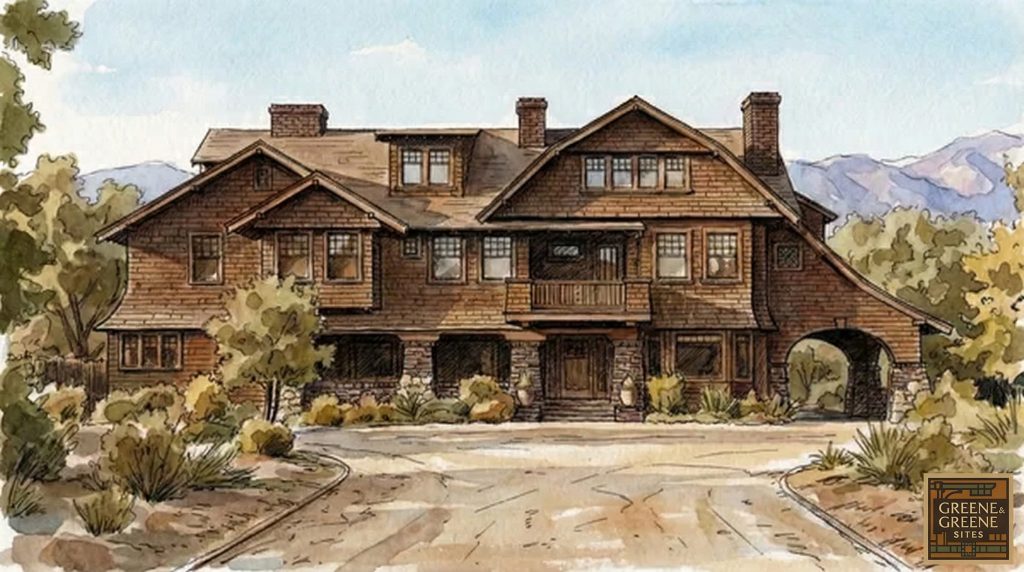 Watercolor and pen drawing with Greene and Greene logo depicting The Tod Ford, Jr. House design, Pasadena