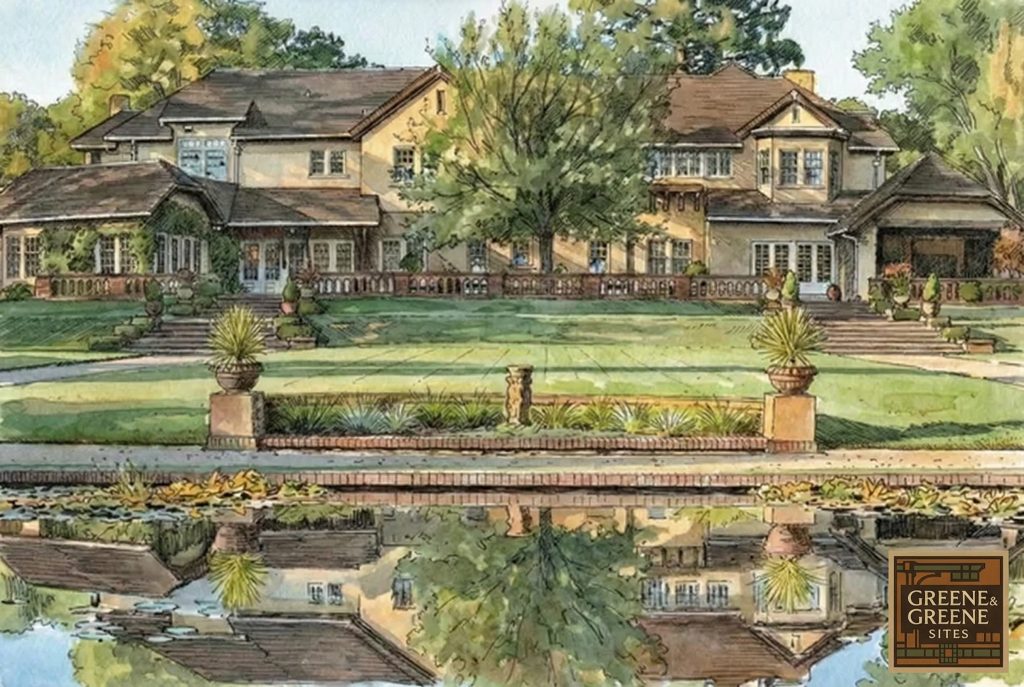 A beautiful watercolor and pen painting of The Mortimer Fleishhacker Estate, capturing its romantic garden facade and iconic garden facade.