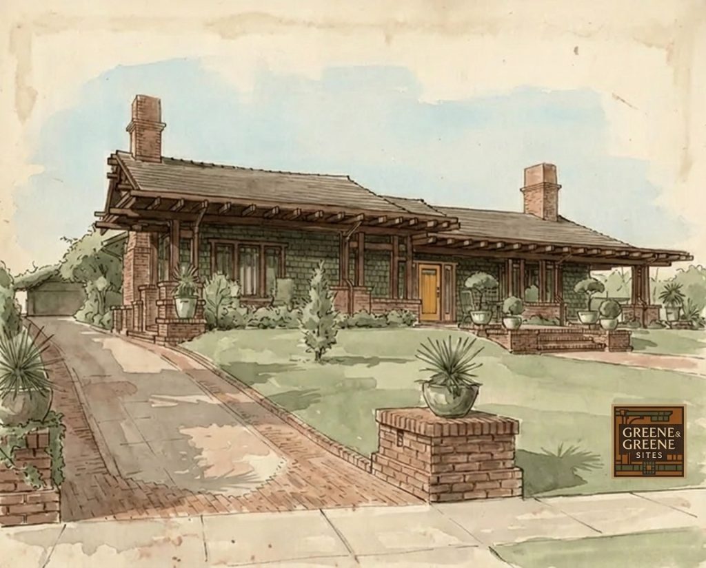 A beautiful watercolor and pen rendering of The Dr. S. S. Crow House, artistically capturing the home's architectural character and garden setting.