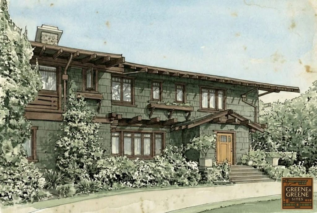Watercolor and pen rendering of The Earle C. Anthony house illustrating its Craftsman architecture and garden setting