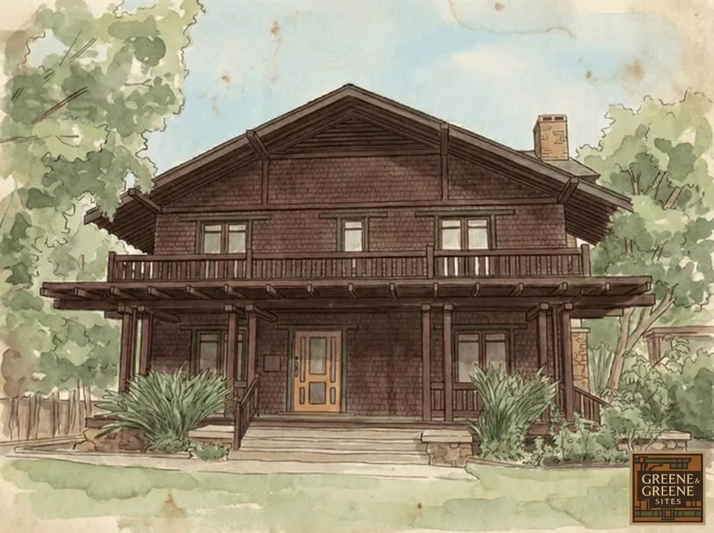 Watercolor and pen rendering of The Ernest W. Smith House depicting its Craftsman facade and lush landscaping