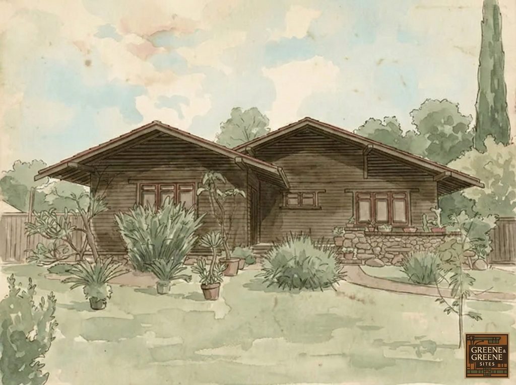 Watercolor and pen rendering of The Samuel Merrill House depicting the restored Craftsman bungalow facade