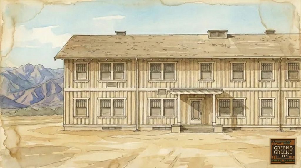 Watercolor and pen rendering of The Sespe Ranch Bunkhouse by Greene & Greene capturing the original architectural vision for the structure