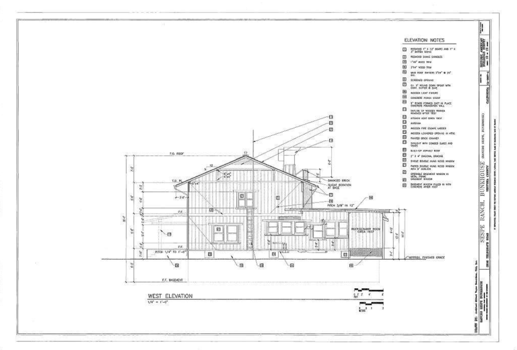 HABS 1997 measured west elevation drawing of The Sespe Ranch Bunkhouse documenting the side facade with detailed elevation notes