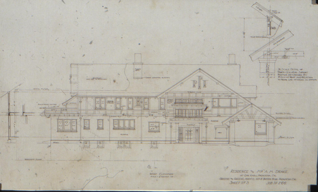 West elevation drawing of The Mr. A. M. Drake House with collinear support detail by Greene & Greene