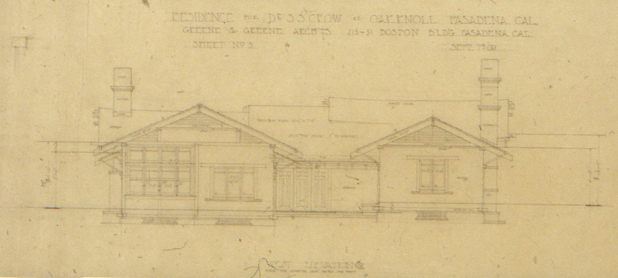 The original 1909 west elevation architectural drawing for The Dr. S. S. Crow House, showing the design of the private bedroom wing facade.
