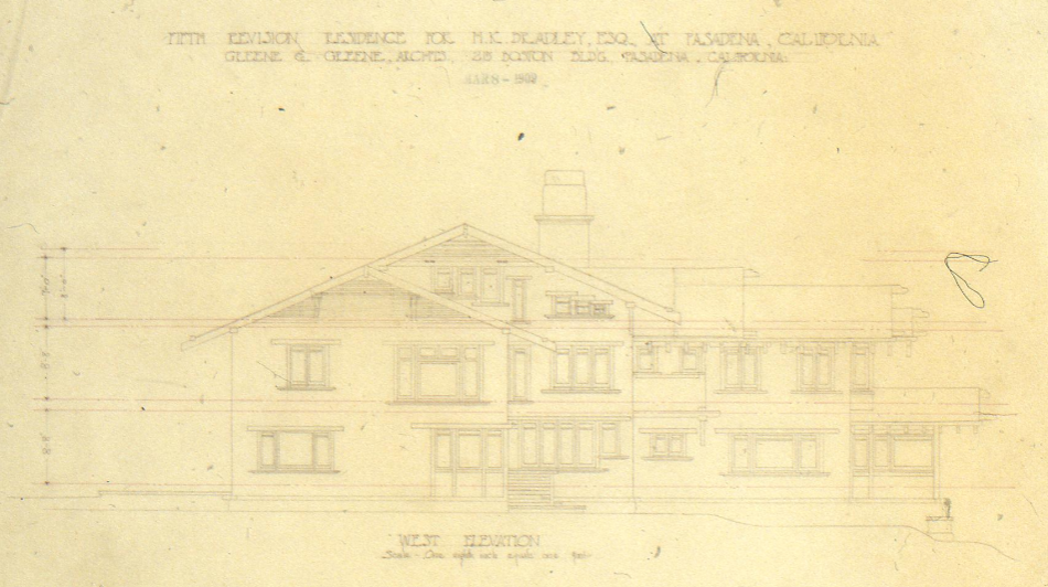 The Henry K. Bradley House west elevation drawing, fifth revision by Greene & Greene showing three-story facade