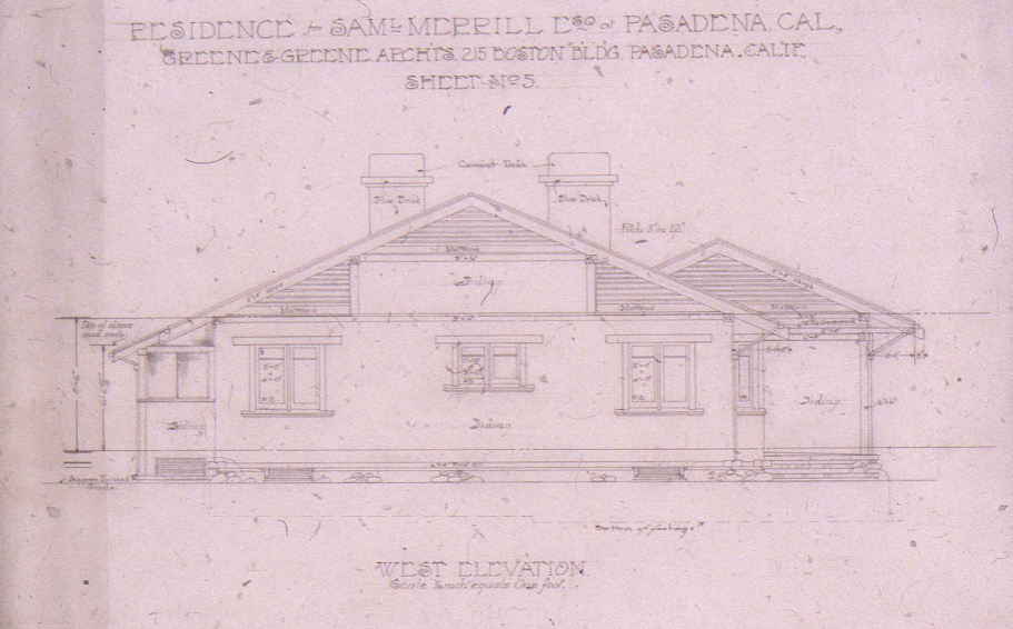 West elevation drawing of The Samuel Merrill House by Greene & Greene showing dual gables and chimney, Sheet No. 5
