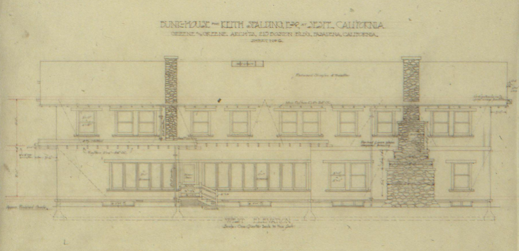 Greene & Greene original west elevation drawing of The Sespe Ranch Bunkhouse showing twin river rock chimneys and side facade details