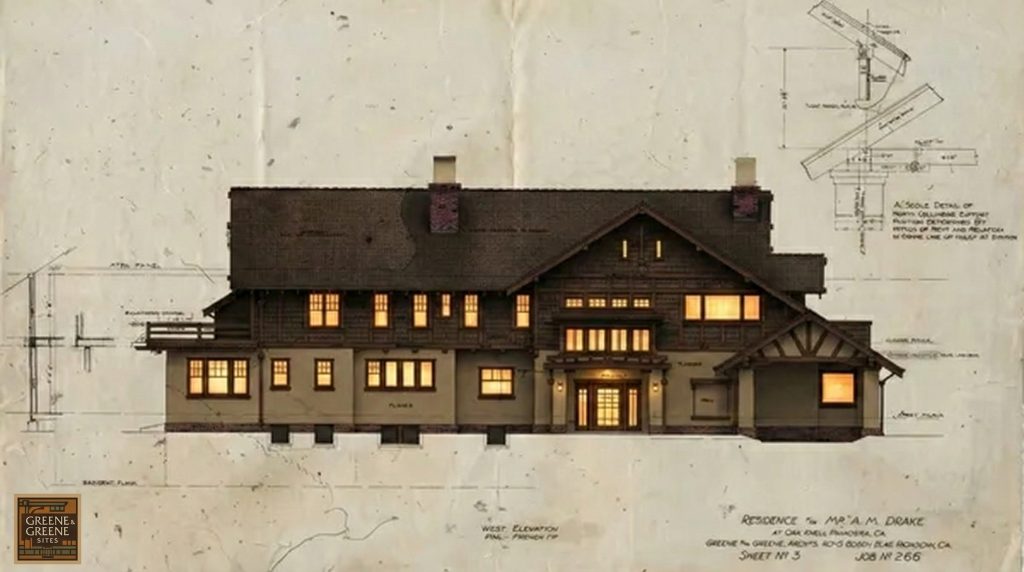 Illuminated west elevation rendering of The Mr. A. M. Drake House featuring shingled walls and exposed timber framing